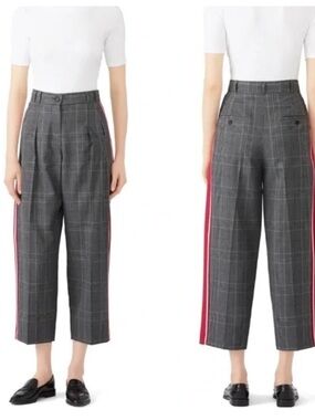 Tara Jarmon Plaid side Stripe Wide Leg Trousers Black Grey Red size 40, 6/8 US